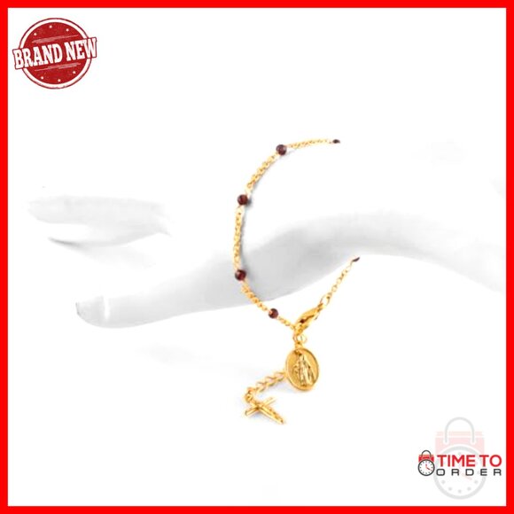 Faceted Garnet Bracelet 18K Gold Plated Lobster Clasp Adjustable Faith Charm - Picture 7 of 7